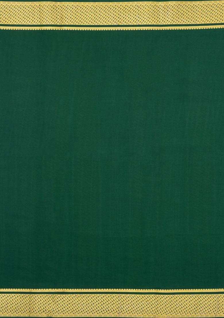 Dark Green Woven Mysore Silk Saree With Zari Motifs With Buttas And Brocade Design For Women - Indya