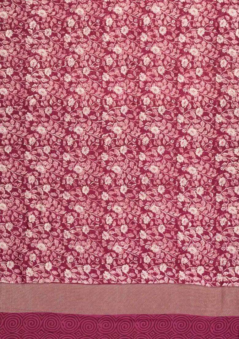 Dusty Peach Printed Chanderi Cotton Saree With Zari Border For Women - Indya