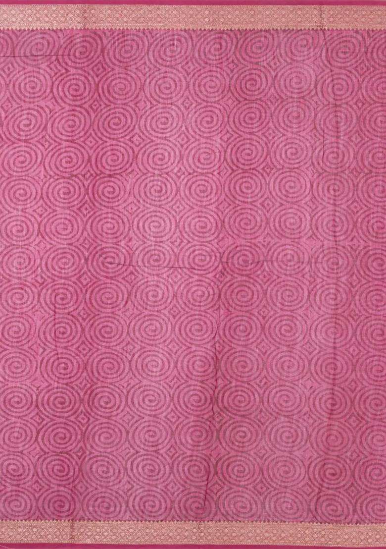 Dusty Peach Printed Chanderi Cotton Saree With Zari Border For Women - Indya