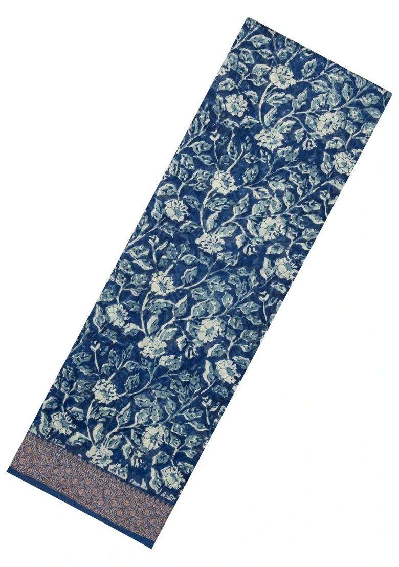 Steel Blue Printed Chanderi Cotton Saree With Zari Border For Women - Indya