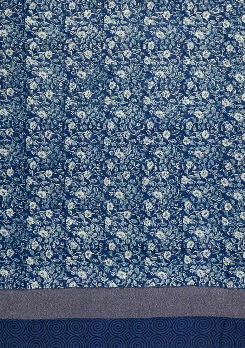 Steel Blue Printed Chanderi Cotton Saree With Zari Border For Women - Indya