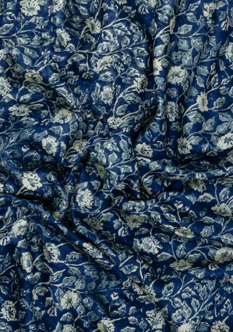 Steel Blue Printed Chanderi Cotton Saree With Zari Border For Women - Indya