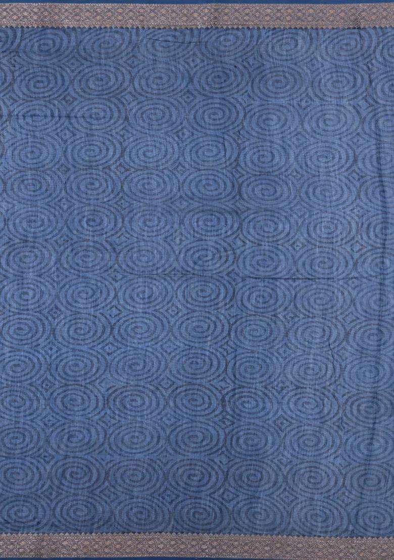 Steel Blue Printed Chanderi Cotton Saree With Zari Border For Women - Indya