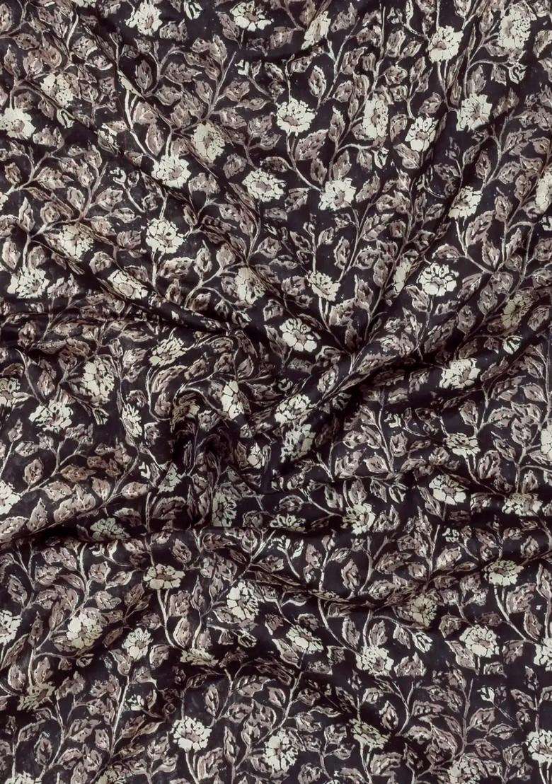 Black Printed Chanderi Cotton Saree With Zari Border For Women - Indya