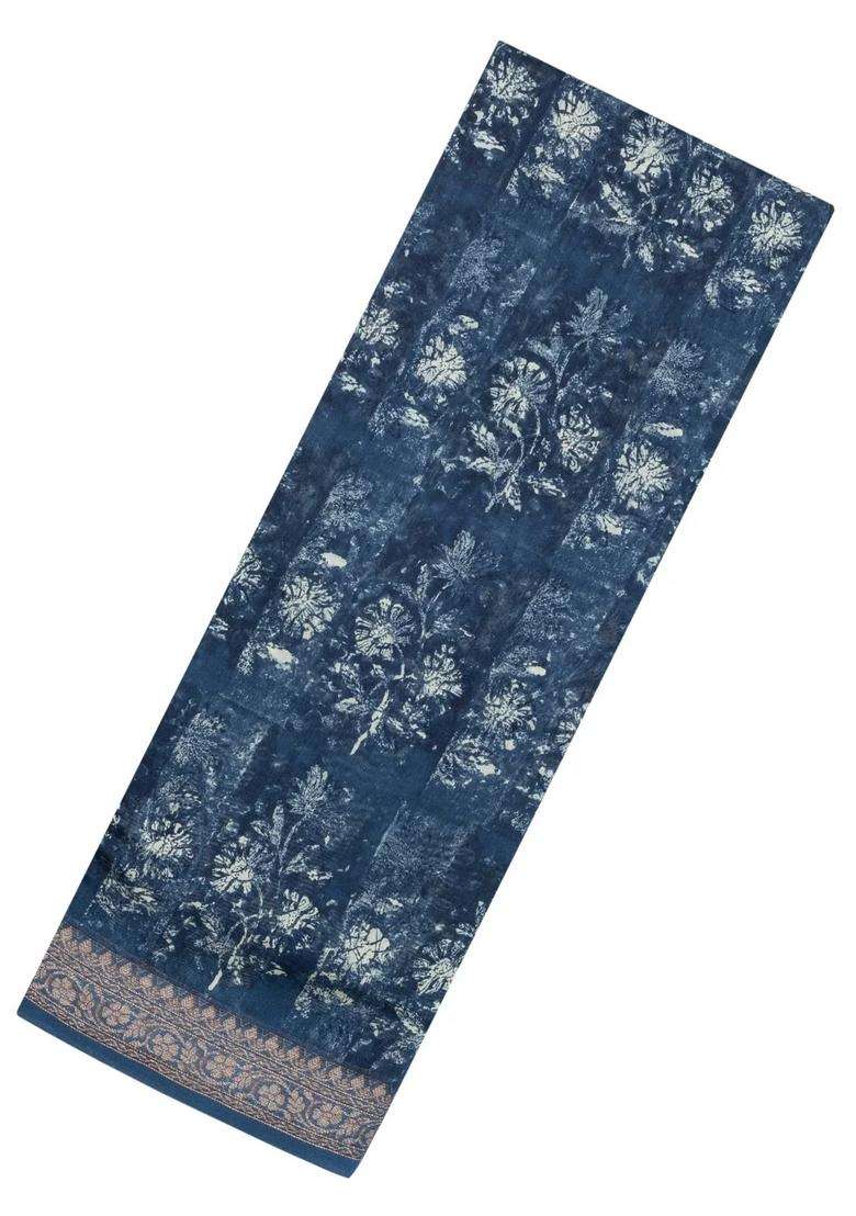 Indigo Printed Chanderi Cotton Saree With Zari Border For Women - Indya