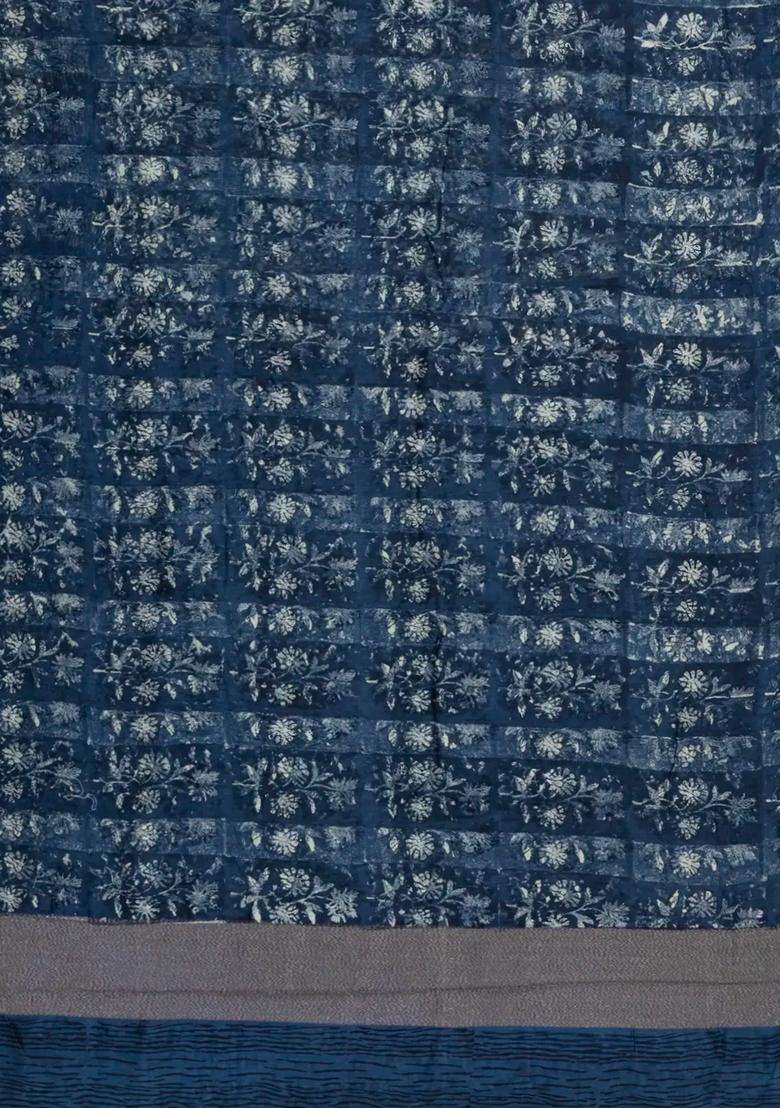 Indigo Printed Chanderi Cotton Saree With Zari Border For Women - Indya