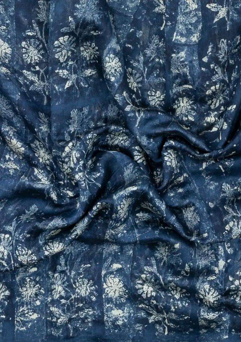 Indigo Printed Chanderi Cotton Saree With Zari Border For Women - Indya
