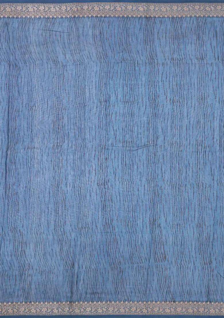 Indigo Printed Chanderi Cotton Saree With Zari Border For Women - Indya