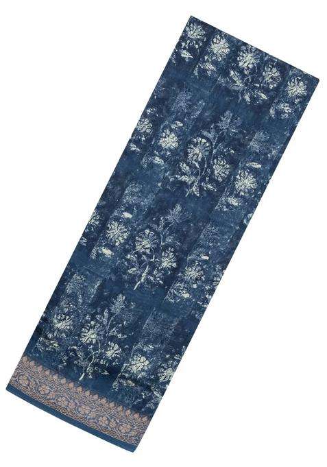 Indigo Printed Chanderi Cotton Saree With Zari Border For Women