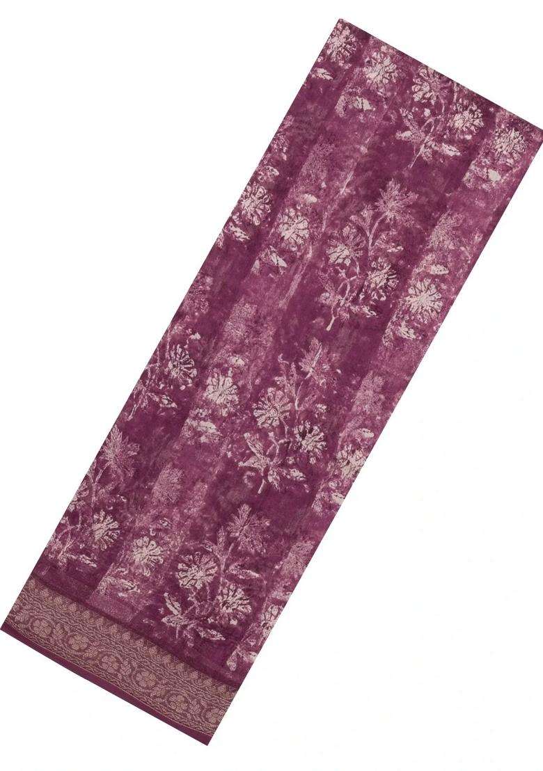 Burgundy Printed Chanderi Cotton Saree With Zari Border For Women - Indya