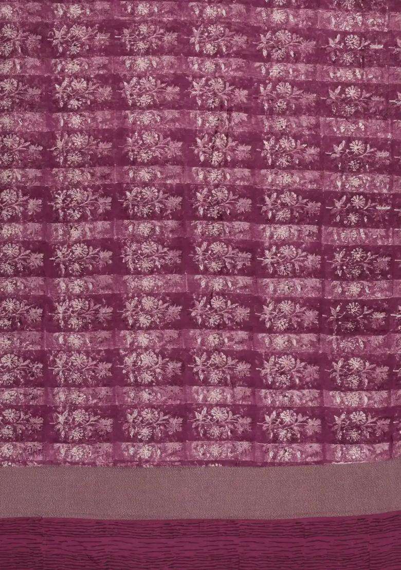 Burgundy Printed Chanderi Cotton Saree With Zari Border For Women - Indya