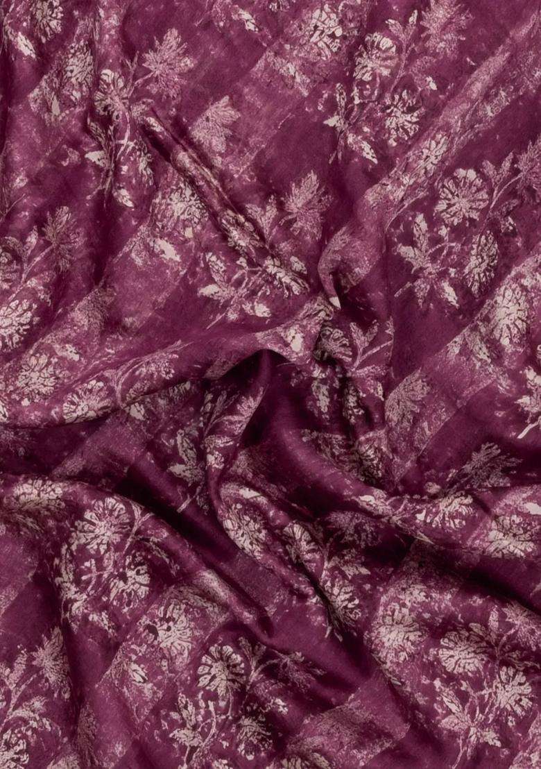 Burgundy Printed Chanderi Cotton Saree With Zari Border For Women - Indya