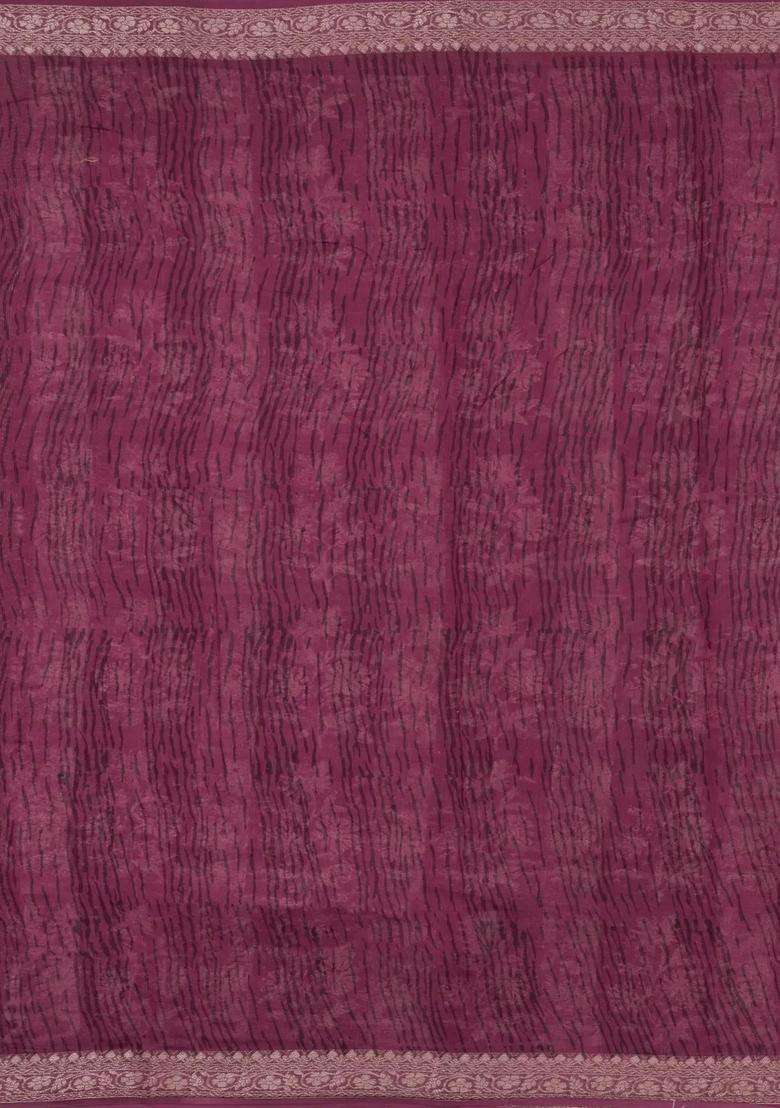 Burgundy Printed Chanderi Cotton Saree With Zari Border For Women - Indya