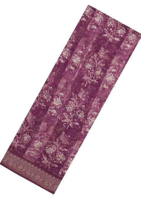 Burgundy Printed Chanderi Cotton Saree With Zari Border For Women