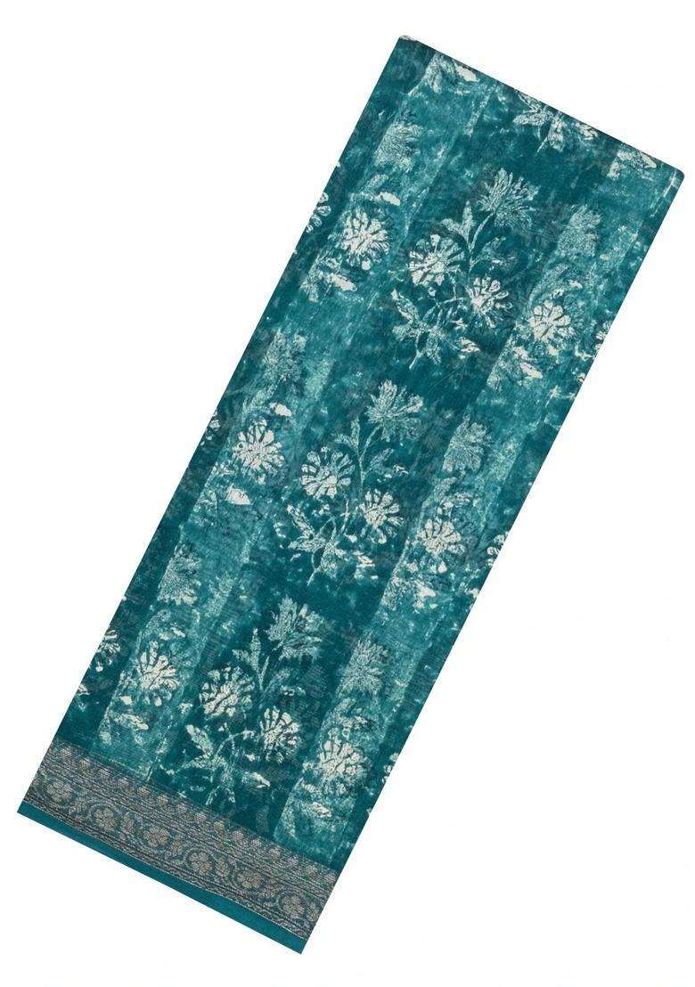 Sea Green Printed Chanderi Cotton Saree With Zari Border For Women - Indya
