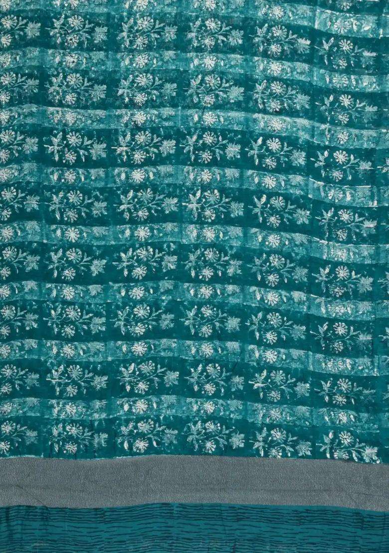 Sea Green Printed Chanderi Cotton Saree With Zari Border For Women - Indya