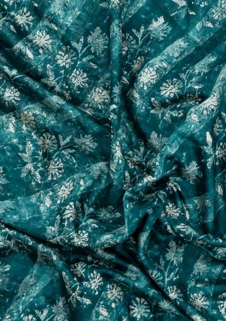 Sea Green Printed Chanderi Cotton Saree With Zari Border For Women - Indya