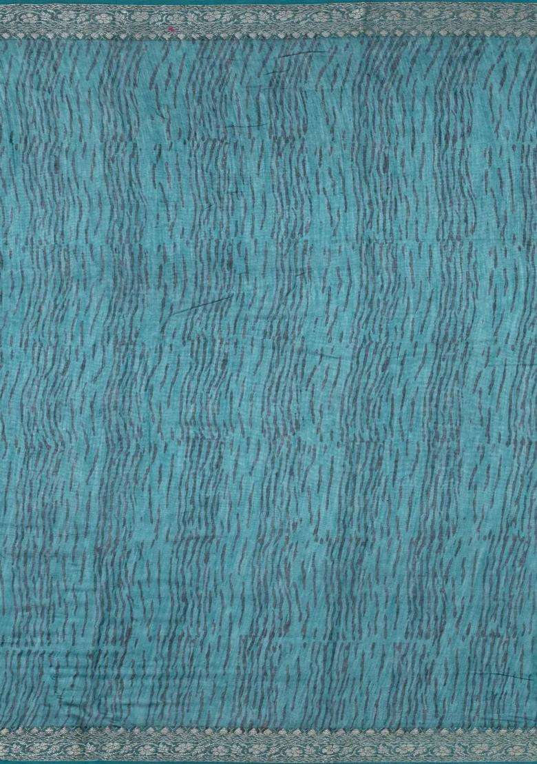 Sea Green Printed Chanderi Cotton Saree With Zari Border For Women - Indya
