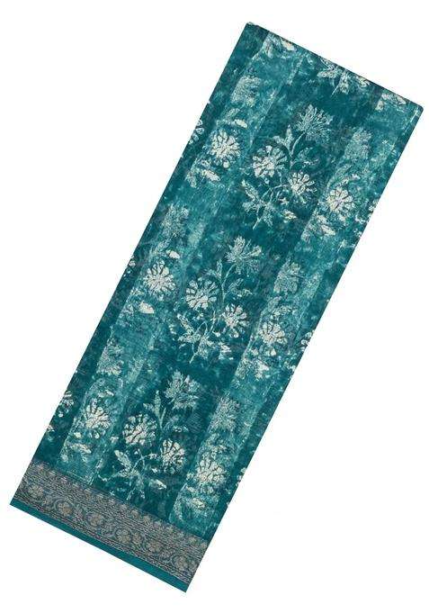 Sea Green Printed Chanderi Cotton Saree With Zari Border For Women