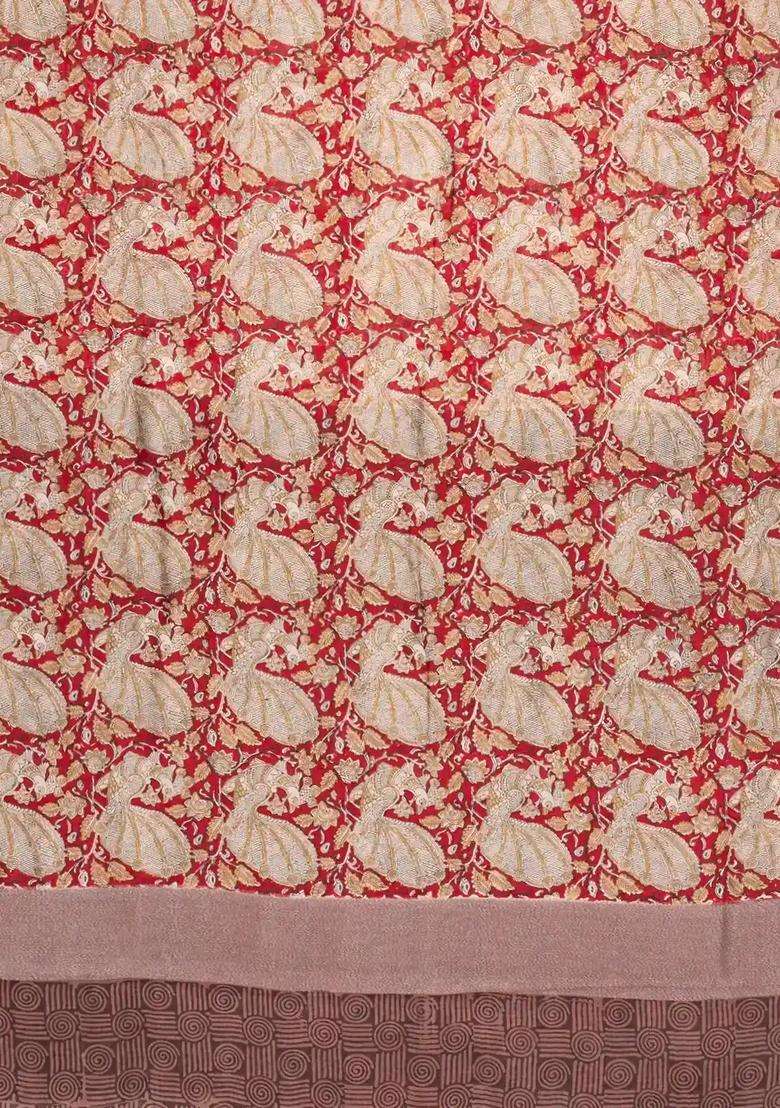 Crimson Printed Chanderi Cotton Saree With Zari Border For Women - Indya