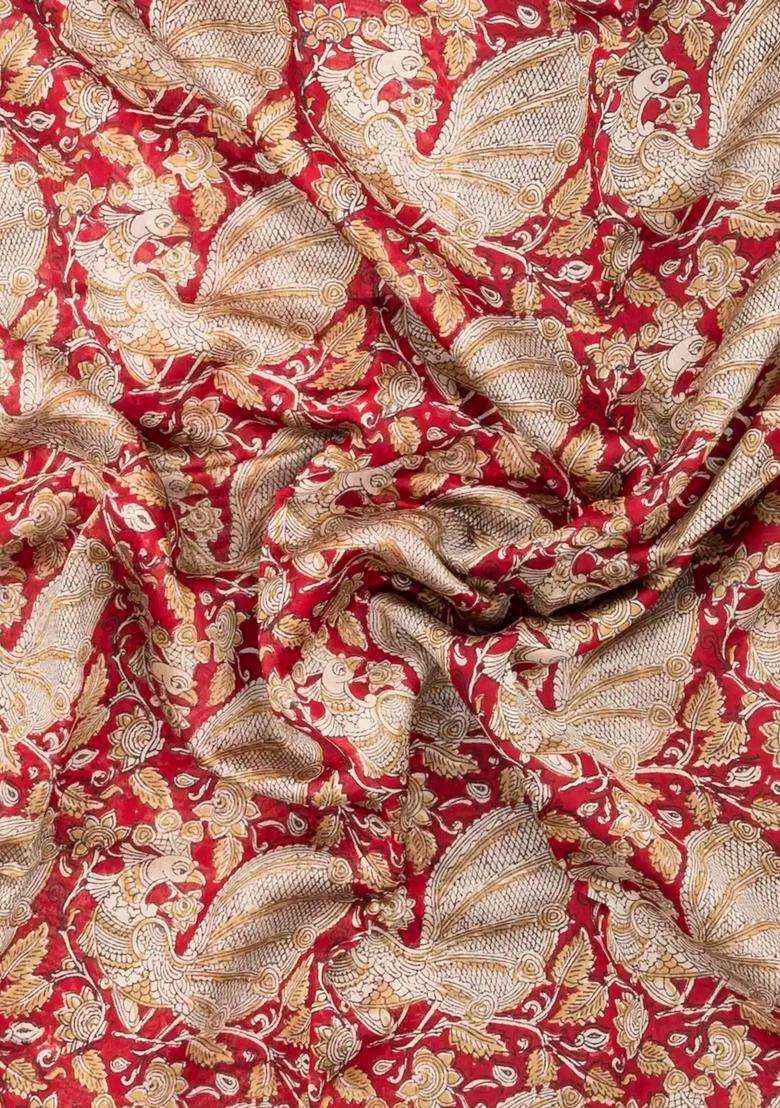 Crimson Printed Chanderi Cotton Saree With Zari Border For Women - Indya