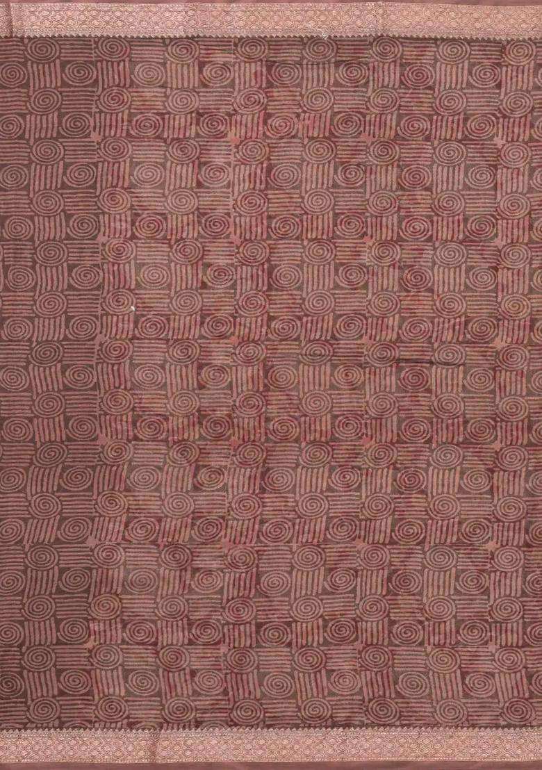 Crimson Printed Chanderi Cotton Saree With Zari Border For Women - Indya