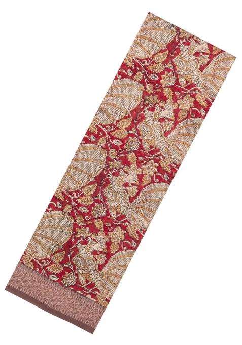 Crimson Printed Chanderi Cotton Saree With Zari Border For Women