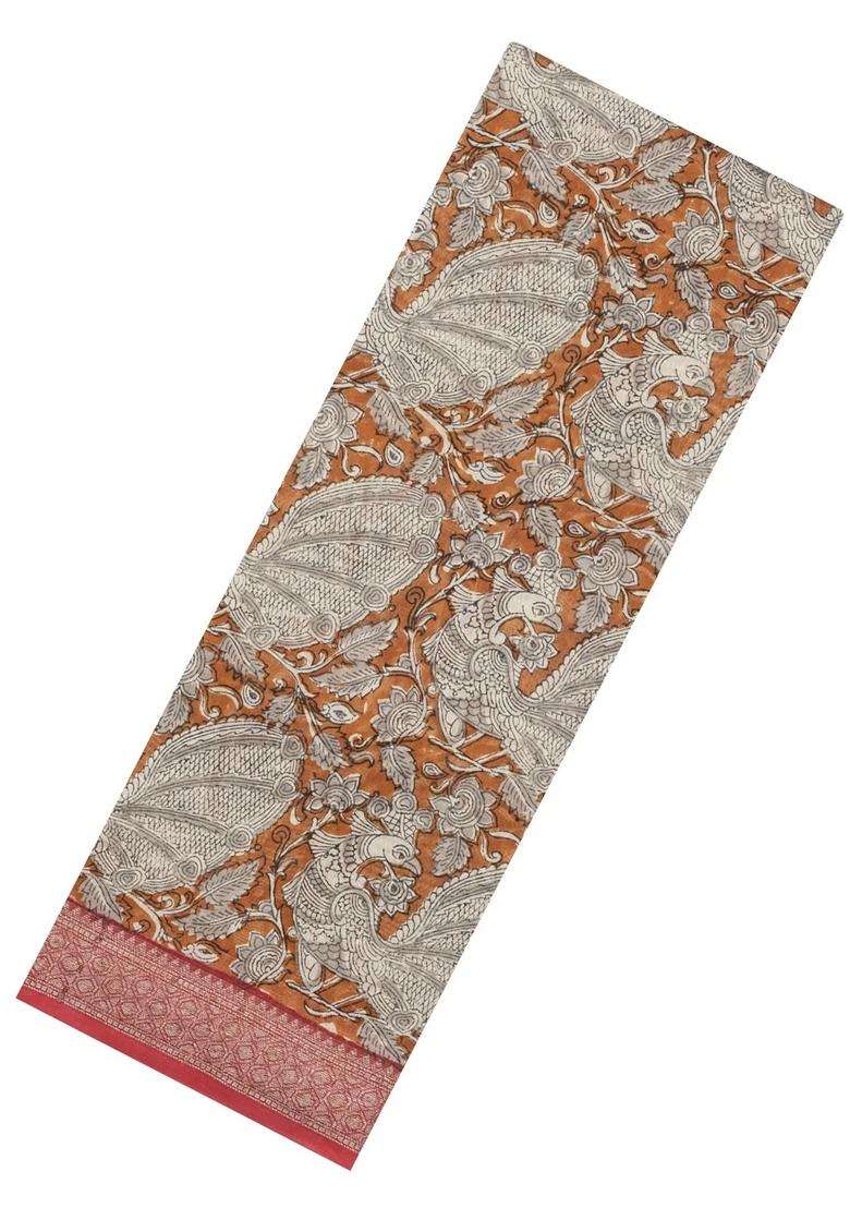 Rust Printed Chanderi Cotton Saree With Zari Border For Women - Indya