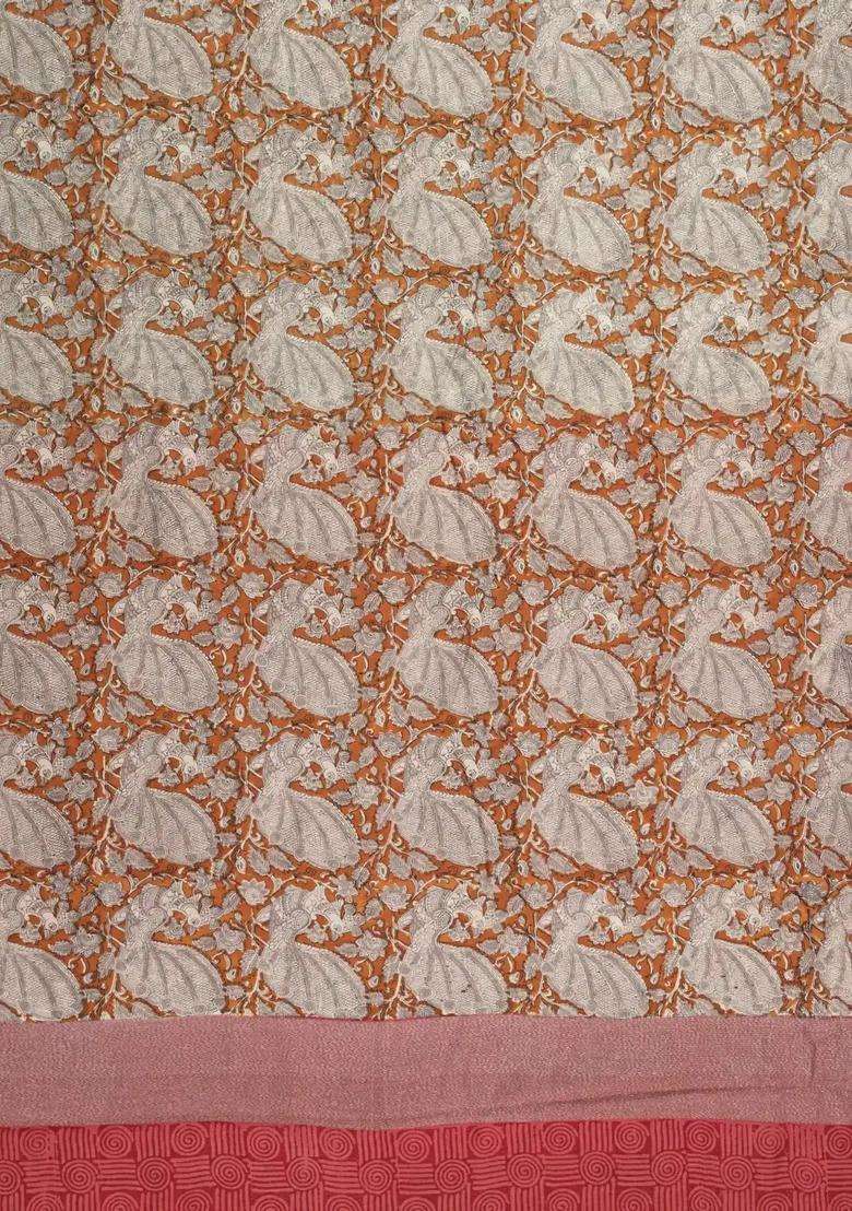 Rust Printed Chanderi Cotton Saree With Zari Border For Women - Indya