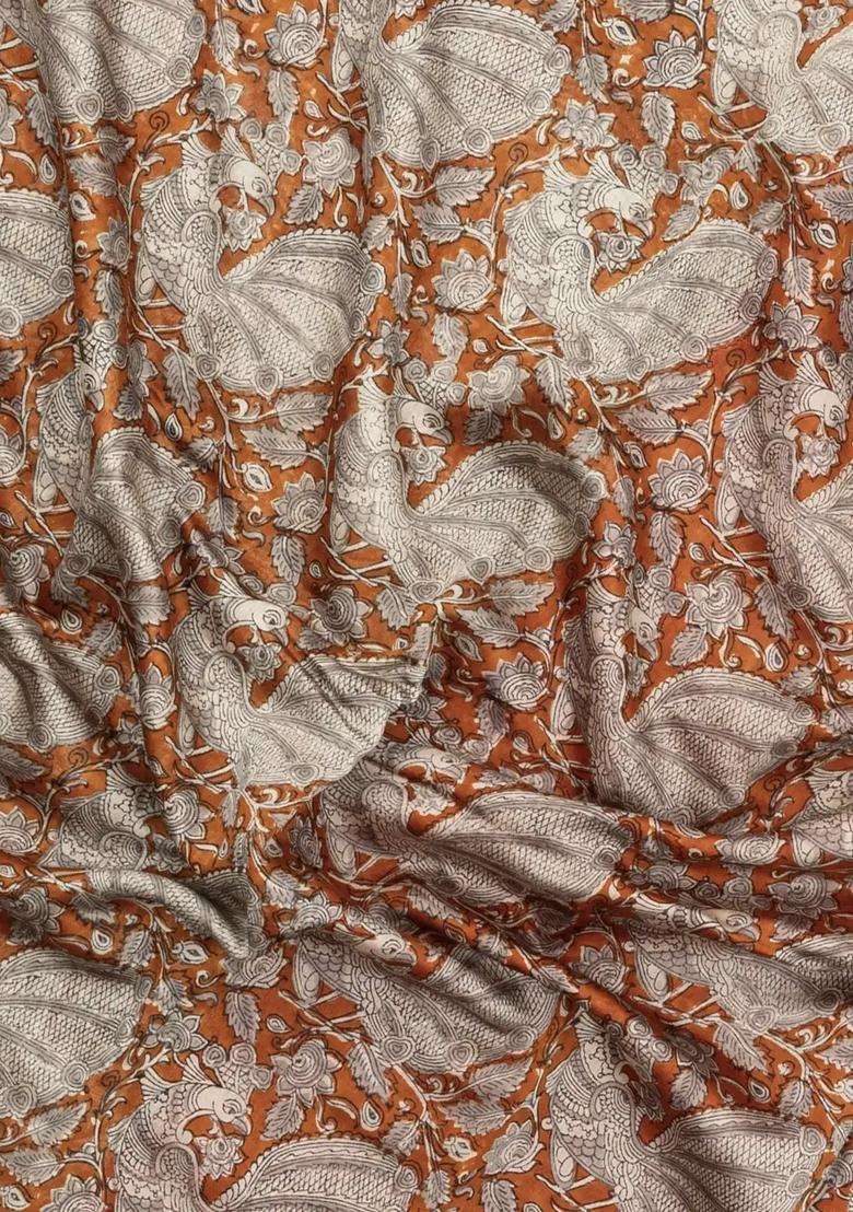 Rust Printed Chanderi Cotton Saree With Zari Border For Women - Indya