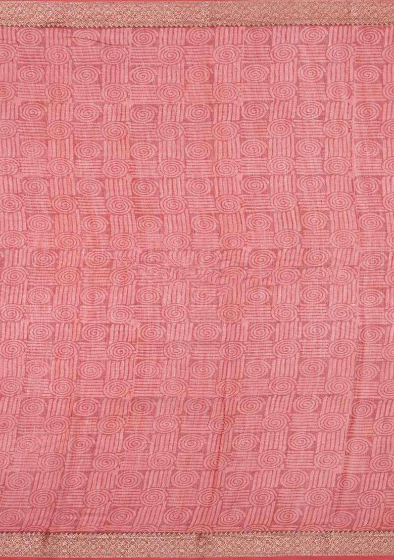Rust Printed Chanderi Cotton Saree With Zari Border For Women - Indya