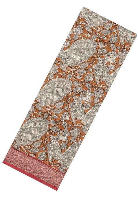 Rust Printed Chanderi Cotton Saree With Zari Border For Women