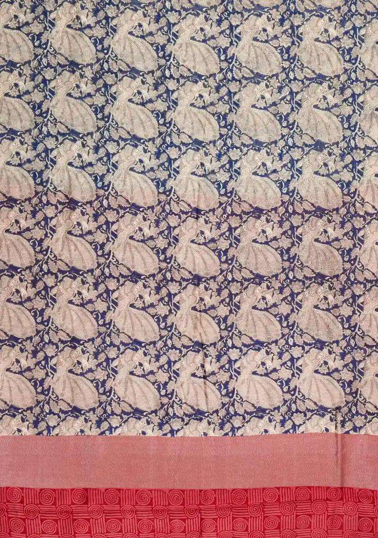 Indigo Printed Chanderi Cotton Saree With Zari Border For Women - Indya