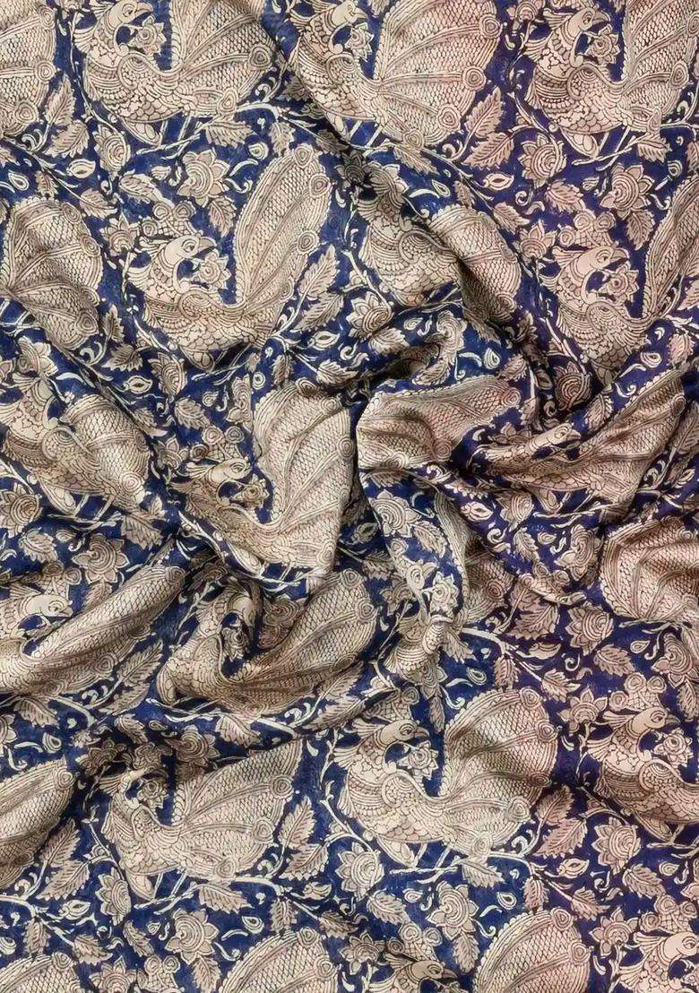 Indigo Printed Chanderi Cotton Saree With Zari Border For Women - Indya