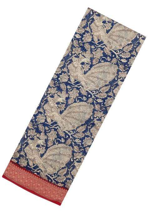 Indigo Printed Chanderi Cotton Saree With Zari Border For Women