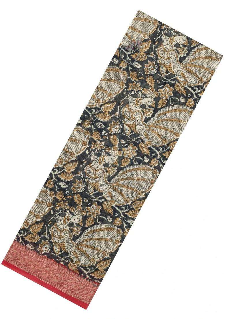 Dark Grey Printed Chanderi Cotton Saree With Zari Border For Women - Indya