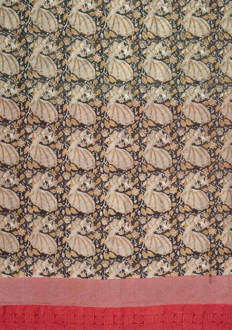 Dark Grey Printed Chanderi Cotton Saree With Zari Border For Women - Indya