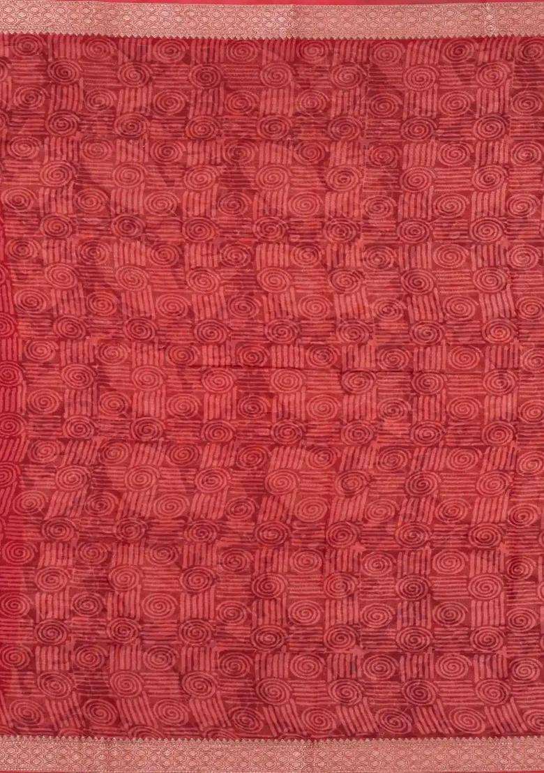 Dark Grey Printed Chanderi Cotton Saree With Zari Border For Women - Indya