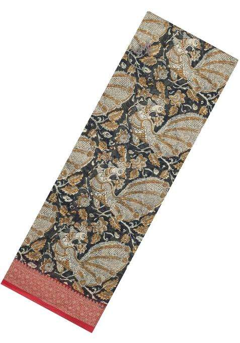 Dark Grey Printed Chanderi Cotton Saree With Zari Border For Women