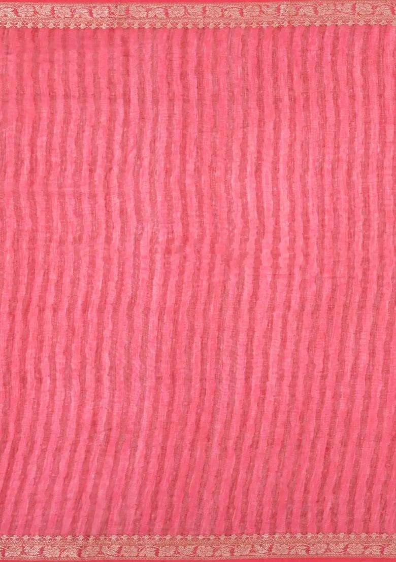 Pink Printed Chanderi Cotton Saree With Zari Border For Women - Indya