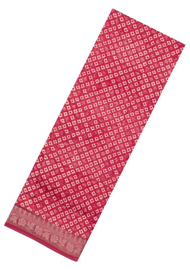 Crimson Printed Chanderi Cotton Saree With Zari Border For Women - Indya