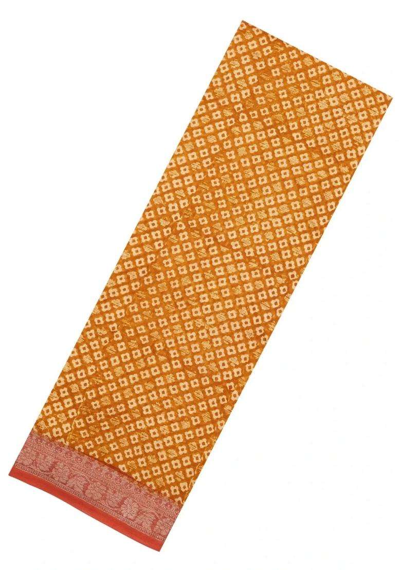Mustard Printed Chanderi Cotton Saree With Zari Border For Women - Indya