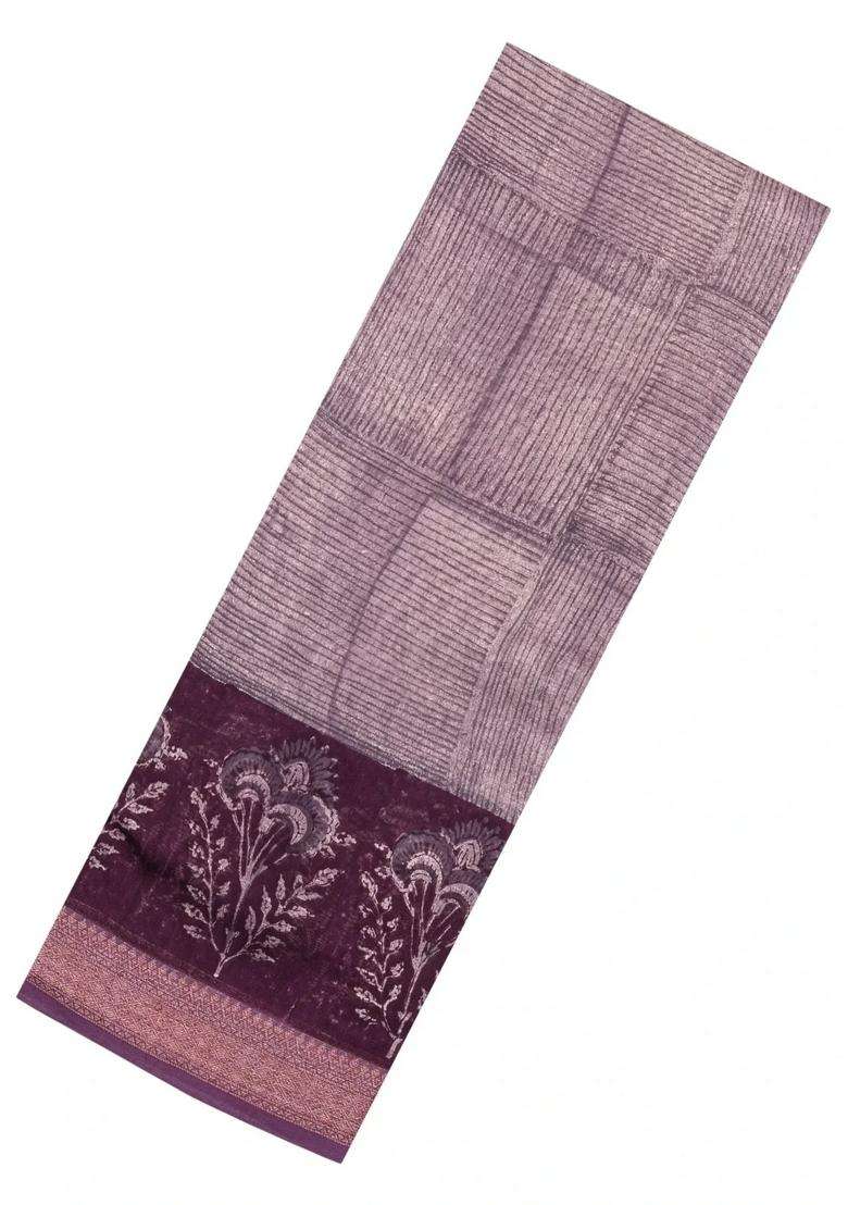 Lilac Printed Chanderi Cotton Saree With Zari Border For Women - Indya