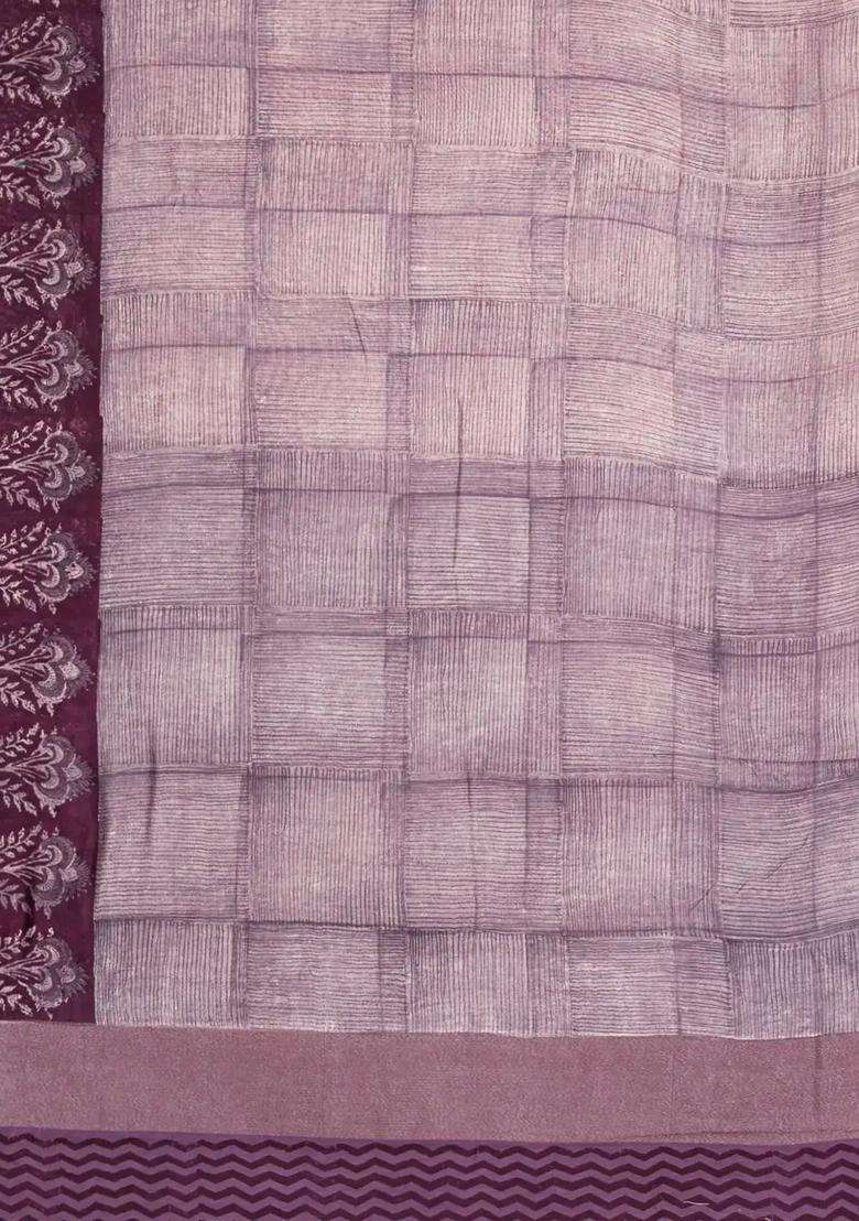 Lilac Printed Chanderi Cotton Saree With Zari Border For Women - Indya