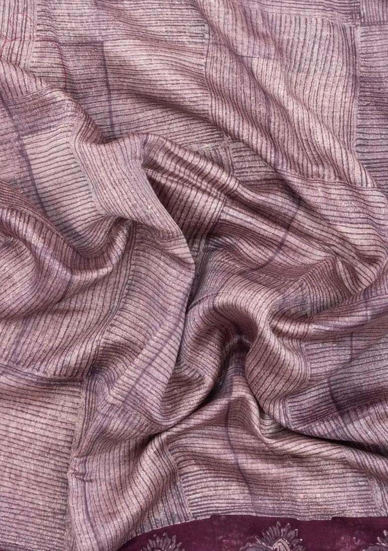 Lilac Printed Chanderi Cotton Saree With Zari Border For Women - Indya