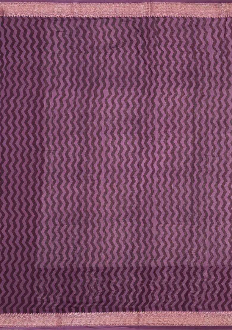 Lilac Printed Chanderi Cotton Saree With Zari Border For Women - Indya