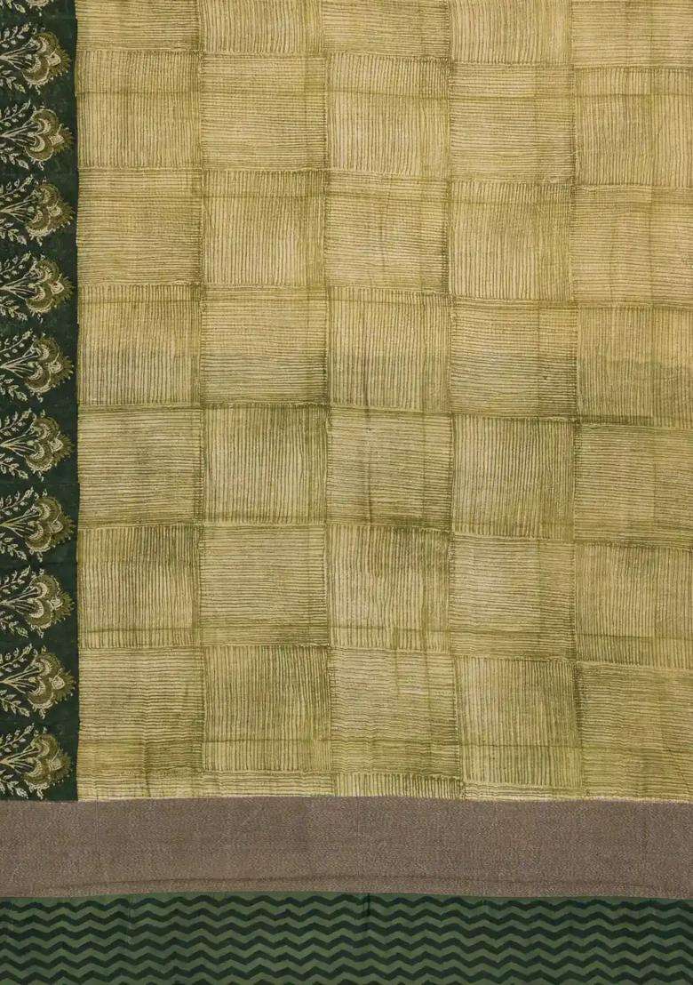 Green Printed Chanderi Cotton Saree With Zari Border For Women - Indya