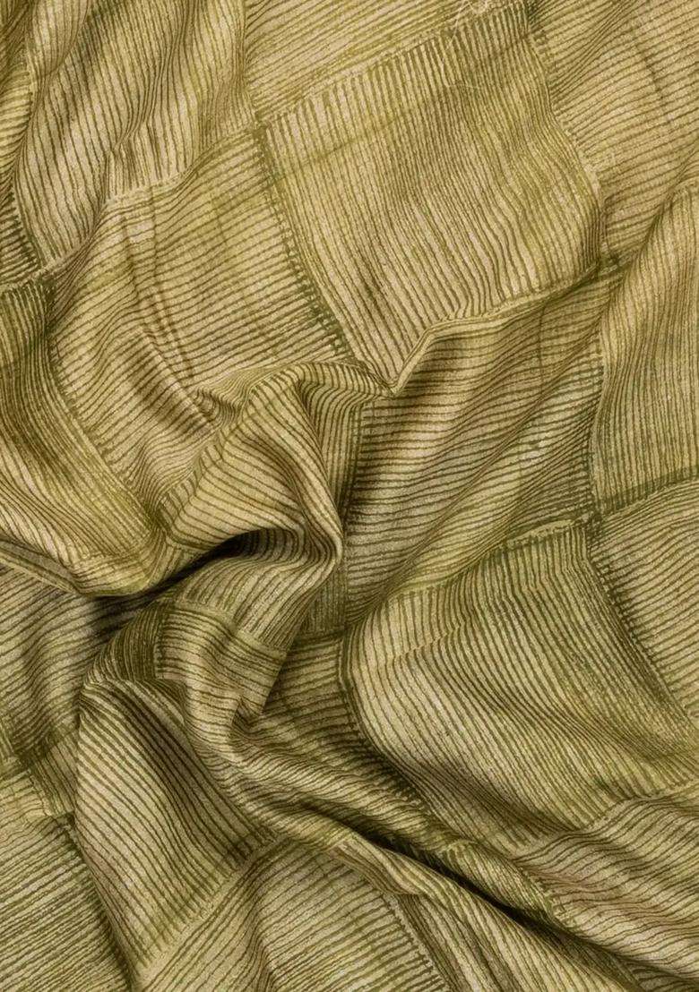 Green Printed Chanderi Cotton Saree With Zari Border For Women - Indya