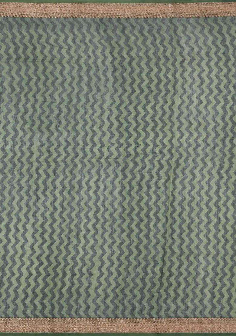 Green Printed Chanderi Cotton Saree With Zari Border For Women - Indya