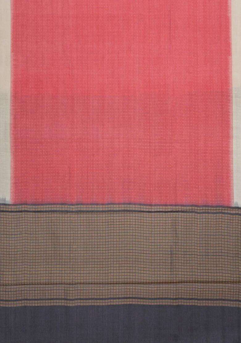 Peach Woven Dupion Silk Saree With Dotted Stripes Contrast Border With Checks And Stripes Design For Women - Indya